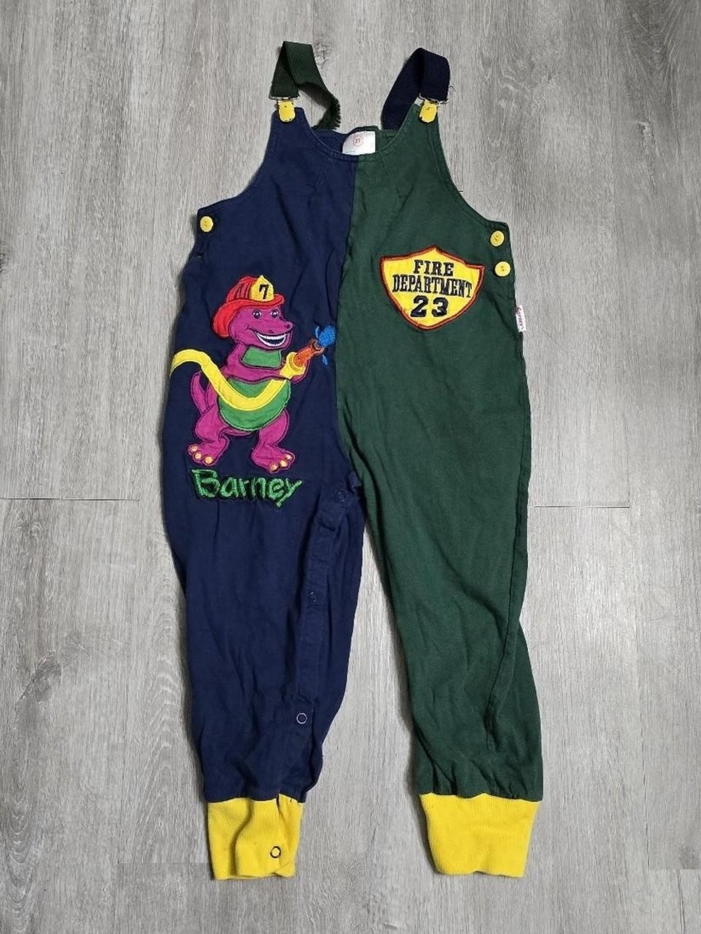 Vintage 1994 Barney Firefighter Department Colorblock Overalls PBS Kids RARE
